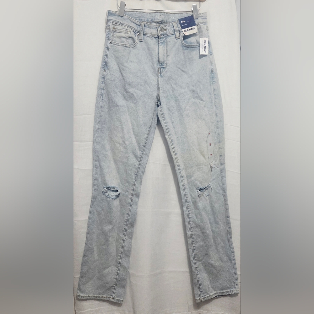Old Navy brand, slim-fit, light wash denim jeans with ripped knees.